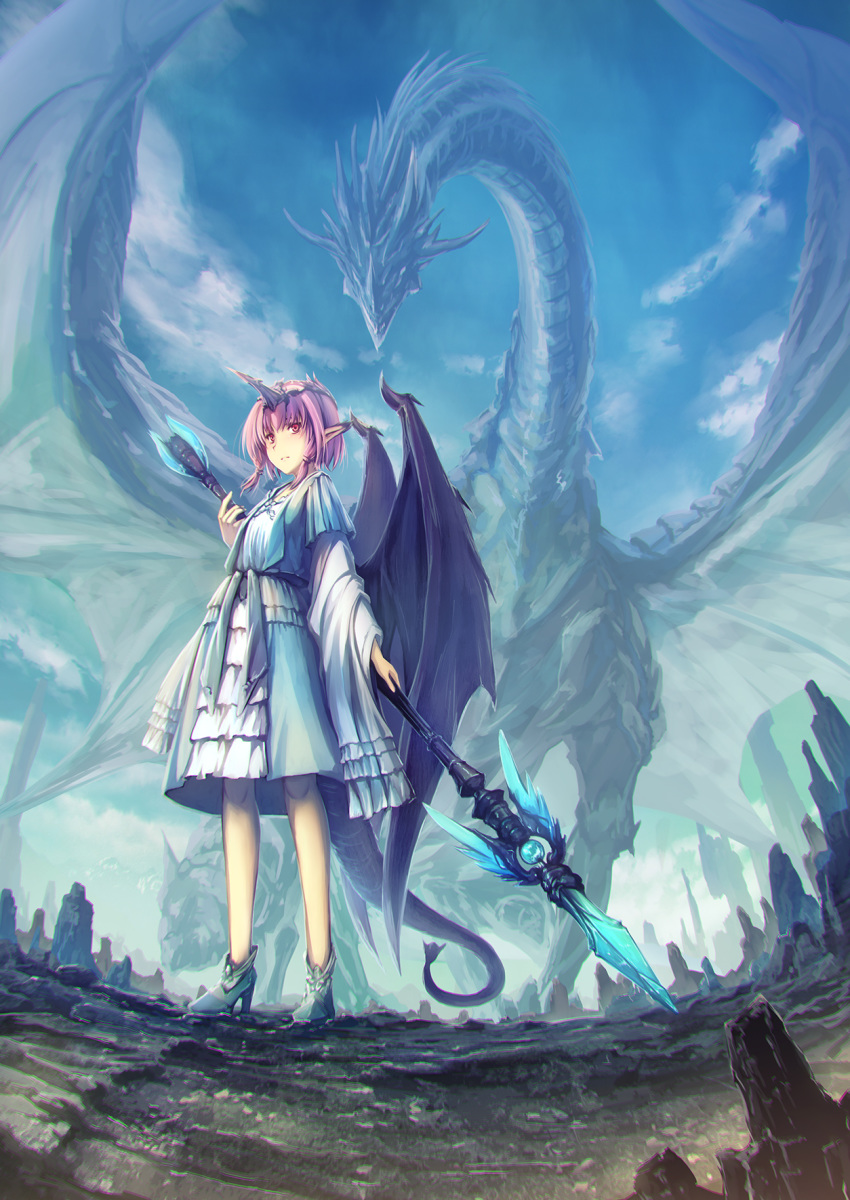 1girl blue_dress blue_sky clip_studio_paint_(medium) clouds cloudy_sky commentary_request day dragon dragon_girl dragon_tail dragon_wings dress eyebrows_visible_through_hair fisheye high_heels highres holding holding_spear holding_weapon horns landscape long_sleeves looking_at_viewer original photoshop_(medium) polearm purple_hair red_eyes short_hair sidelocks single_horn sky spear tail tenmaso weapon white_dress wide_sleeves wings