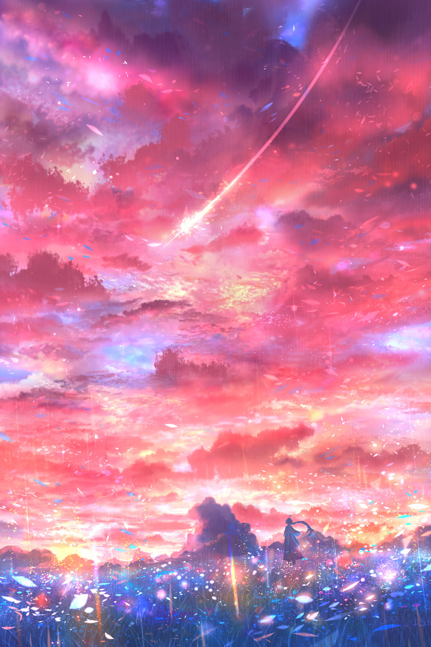 1girl ahoge braid capelet clouds cloudy_sky commentary fantasy field grass highres light_particles long_hair looking_afar original sakimori_(hououbds) scenery shooting_star silhouette single_braid sky solo