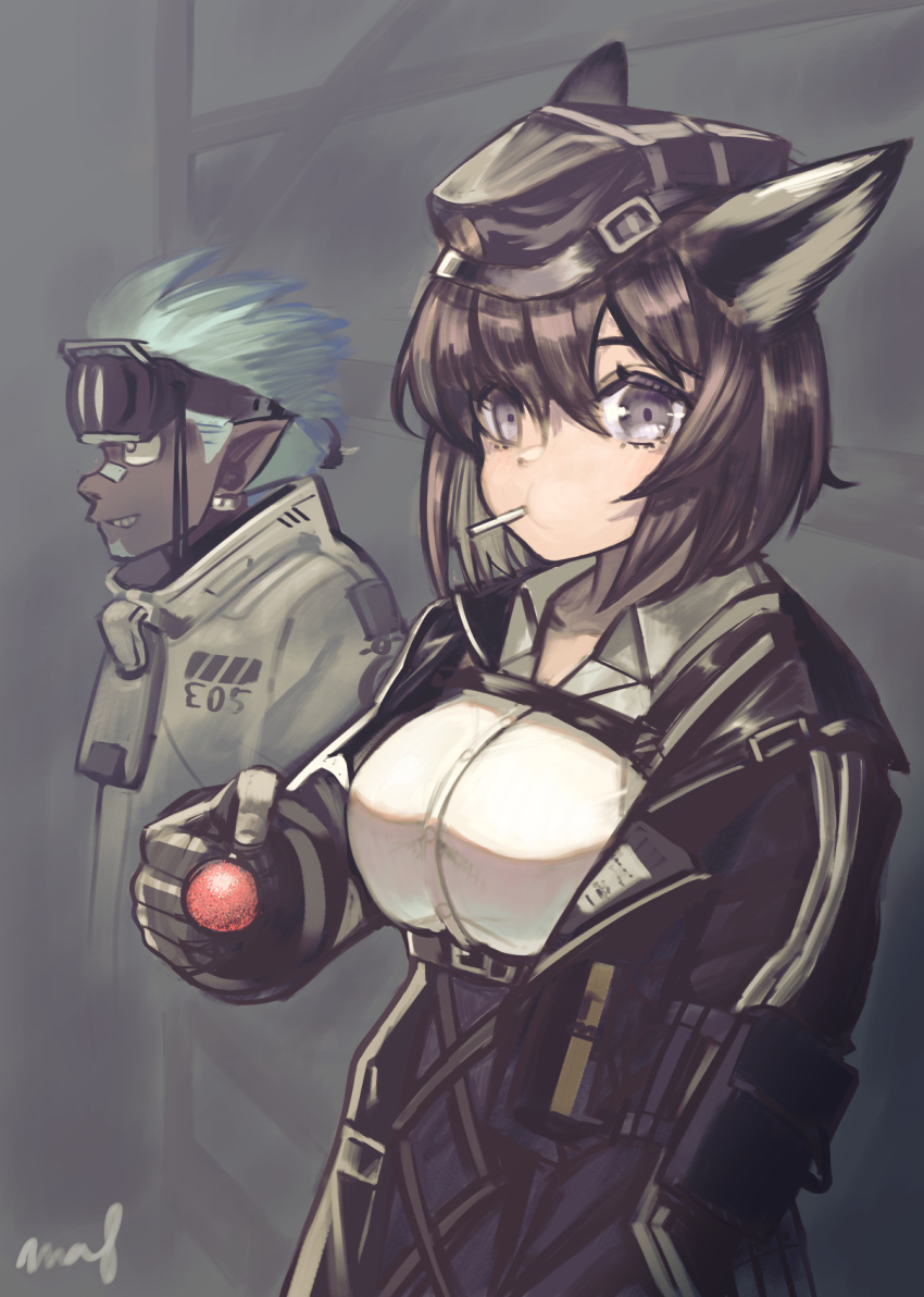 1boy 1girl animal_ears arknights artist_name bandaid bandaid_on_face bandaid_on_nose black_headwear black_jacket blue_hair breast_strap candy dark_skin dur-nar_(arknights) ethan_(arknights) food food_in_mouth fox_ears giving hat highres jacket lollipop long_sleeves looking_at_viewer open_clothes open_jacket purple_hair short_hair signature upper_body violet_eyes wanko_(realsight) white_jacket