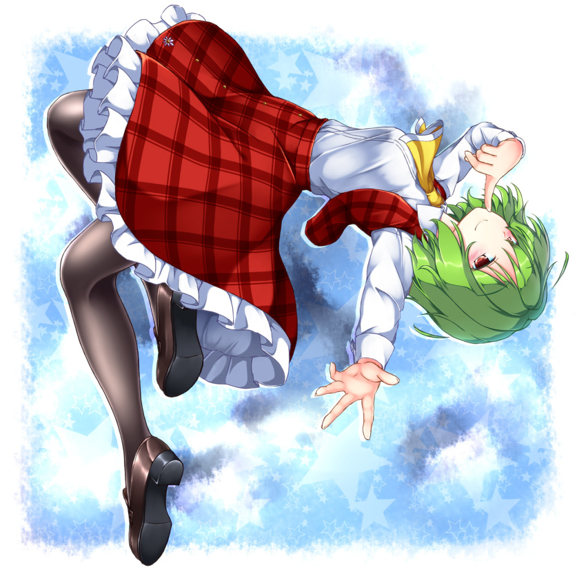 1girl aka_tawashi ascot black_legwear blouse finger_to_cheek frilled_skirt frills green_hair highres kazami_yuuka long_sleeves outstretched_arm pantyhose plaid plaid_skirt plaid_vest red_eyes red_skirt red_vest shoes short_hair skirt smile solo touhou vest white_blouse yellow_neckwear