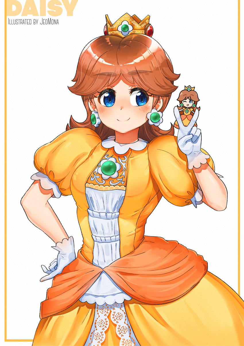 1girl absurdres blue_eyes blush brown_hair chibi crown dress earrings eyebrows flower_earrings flower_ornament gloves green_earrings highres jeomona jewelry super_mario_bros. orange_dress princess_daisy puffy_sleeves sphere_earrings super_smash_bros. umbrella