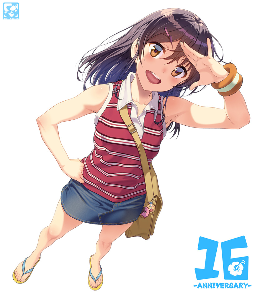 1girl :d anniversary artist_logo artist_name bag bag_charm bangs bare_arms bare_legs bare_shoulders black_hair blue_skirt blush brown_eyes charm_(object) collarbone collared_shirt commentary_request denim denim_skirt eyebrows_visible_through_hair flip-flops from_above full_body hair_ornament hairclip hand_on_hip highres looking_at_viewer looking_up miniskirt open_mouth original pairan red_shirt round_teeth salute sandals shirt shoulder_bag simple_background skirt sleeveless sleeveless_shirt smile solo standing striped striped_shirt sweatband teeth upper_teeth white_background