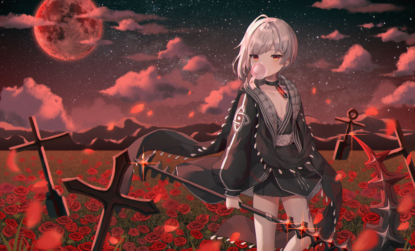 1boy albinoraccoon bangs black_jacket choker clouds cloudy_sky collarbone commentary epic7 eyebrows_visible_through_hair flower full_moon highres holding huge_filesize jacket long_sleeves looking_at_viewer male_focus moon night night_sky outdoors red_eyes red_flower red_moon red_rose rose scythe short_hair silver_hair sky solo star_(sky) starry_sky weapon