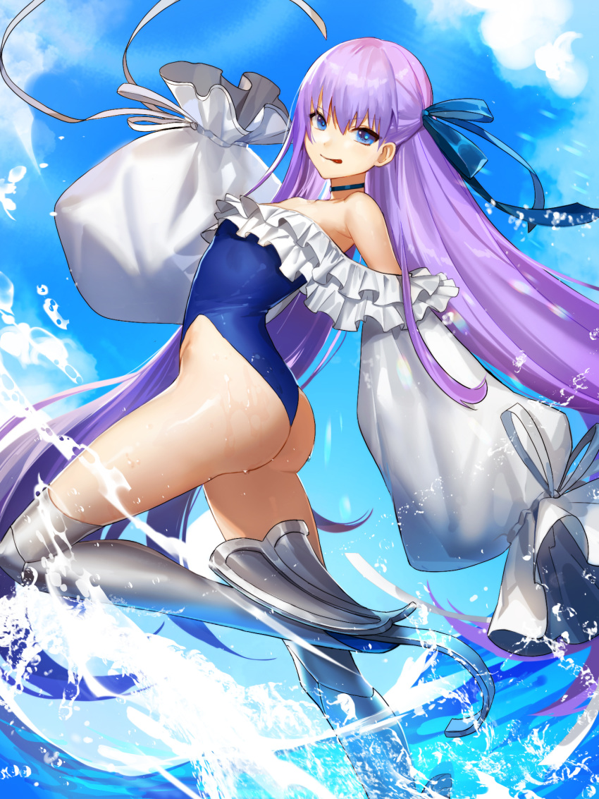 1girl ass bangs bare_shoulders blue_eyes blue_ribbon blue_sky blush breasts choker closed_mouth collarbone fate/grand_order fate_(series) frills greaves hair_ribbon highleg highleg_swimsuit highres long_hair long_sleeves looking_at_viewer meltryllis meltryllis_(swimsuit_lancer)_(fate) nima_(niru54) off-shoulder_swimsuit one-piece_swimsuit prosthesis prosthetic_leg puffy_sleeves purple_hair ribbon sky sleeves_past_fingers sleeves_past_wrists small_breasts smile swimsuit thighs tongue tongue_out very_long_hair water white_ribbon