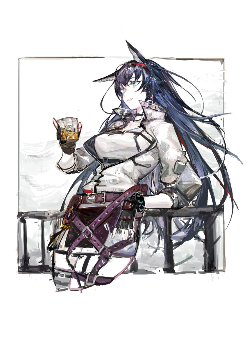 1girl against_railing alcohol animal_ears aqua_eyes arknights beer belt belt_pouch black_gloves black_legwear blaze_(arknights) blue_hair border breasts cat_ears chinese_commentary cowboy_shot cup fingerless_gloves garter_straps glass gloves grin hairband highres holding holding_cup ice ice_cube jacket leaning_back long_hair medium_breasts miniskirt open_clothes open_jacket outside_border pipidan pouch redhead shirt skirt smile solo strap thigh-highs traditional_media white_jacket white_shirt white_skirt