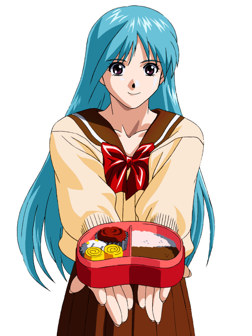 1990s_(style) 1girl blue_hair brown_skirt gift highres ikusawa_kyouko looking_at_viewer necktie obentou red_neckwear sailor_collar school_uniform skirt smile sweater violet_eyes yamada_masaki zenkoku_seifuku_bishoujo_grand_prix