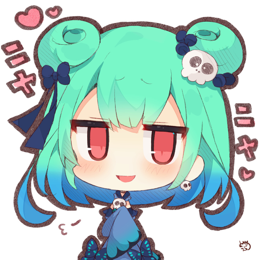 1girl :d bangs blue_bow blue_dress blue_hair blush bow bug butterfly chibi double_bun dress eyebrows_visible_through_hair gradient_hair green_hair hair_bow hair_ornament heart highres hololive insect long_hair multicolored_hair muuran open_mouth red_eyes signature simple_background skull skull_hair_ornament smile solo translation_request uruha_rushia virtual_youtuber white_background