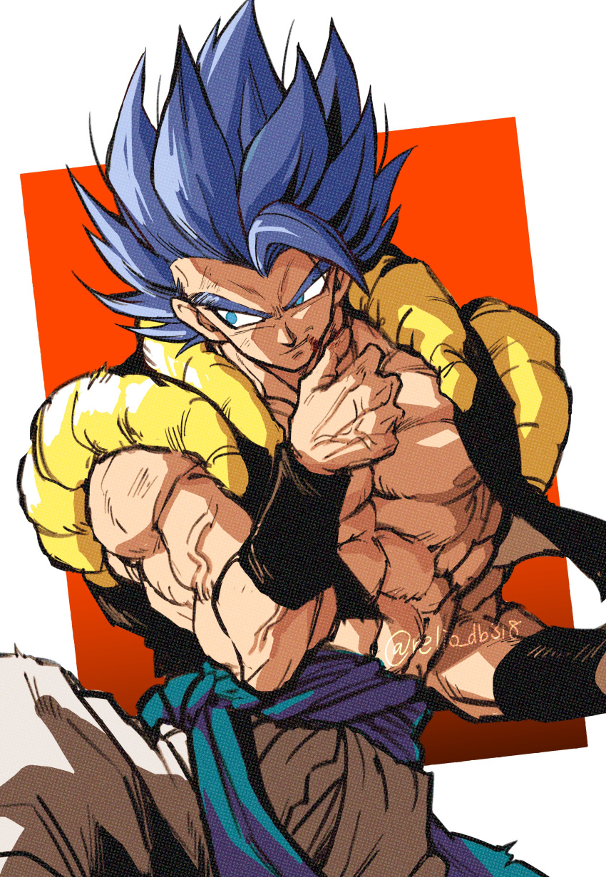 1boy abs absurdres blood blood_from_mouth blood_on_face blue_eyes blue_hair blue_sash dragon_ball dragon_ball_super gogeta highres male_focus metamoran_vest muscular muscular_male open_clothes open_vest pants pectorals relio_db318 sash spiky_hair super_saiyan super_saiyan_blue veins vest white_pants