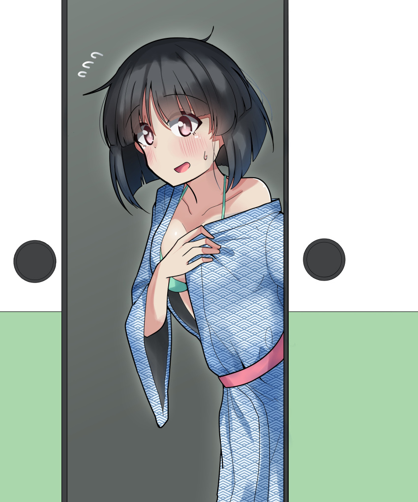 1girl absurdres antyobi0720 bangs black_eyes black_hair blunt_bangs blush bob_cut bra flying_sweatdrops girls_und_panzer highres off_shoulder open_clothes robe short_hair sliding_doors sono_midoriko sweat underwear