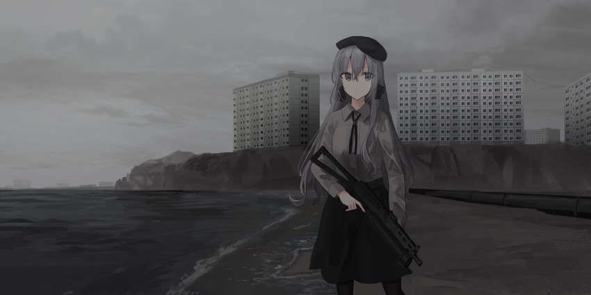 1girl bangs beret black_headwear black_legwear black_skirt brown_eyes building chihuri closed_mouth clouds cloudy_sky collared_shirt day dress_shirt eva_(chihuri) eyebrows_visible_through_hair grey_eyes grey_hair grey_shirt gun hair_between_eyes hat heterochromia highres holding holding_gun holding_weapon long_hair long_sleeves looking_at_viewer original outdoors overcast pantyhose pp-19_bizon shirt skirt sky solo submachine_gun trigger_discipline very_long_hair water weapon