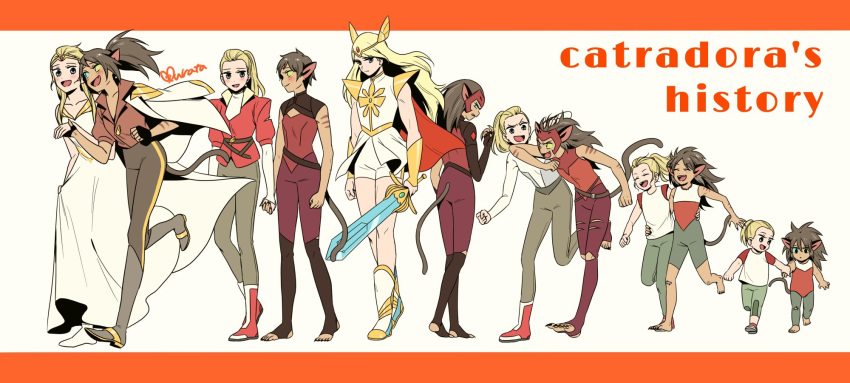 2girls adora_(she-ra) age_progression animal_ears arm_around_waist barefoot blonde_hair brown_hair cape cat_ears cat_girl cat_tail catra couple dress heterochromia highres long_hair masters_of_the_universe multiple_girls multiple_persona murata_(igaratara) ponytail she-ra_and_the_princesses_of_power short_hair smile spoilers sword tail tiara toeless_legwear weapon winged_hair_ornament yuri