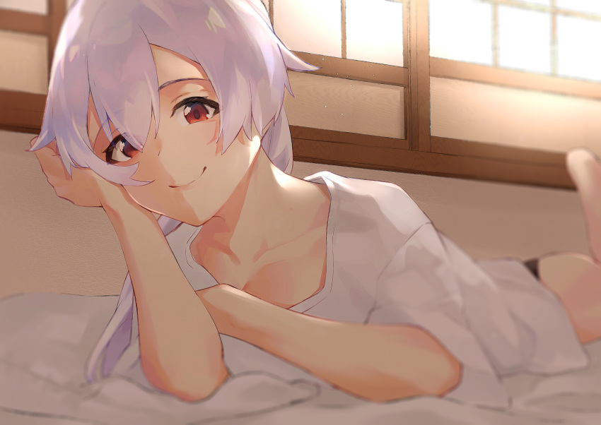 1girl absurdres black_panties collarbone commentary_request fate/grand_order fate_(series) hair_between_eyes head_rest highres huge_filesize long_hair looking_at_viewer lying on_bed on_stomach panties red_eyes shirt silver_hair smile solo tomoe_gozen_(fate/grand_order) underwear vegetablenabe white_shirt window