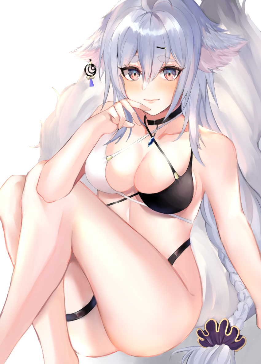 1girl absurdres animal_ears azur_lane bangs bare_arms bare_legs bare_shoulders bikini black_bikini black_choker blush breasts choker commentary criss-cross_halter eyebrows_visible_through_hair feet_out_of_frame fox_ears hair_between_eyes halterneck hand_up highres large_breasts long_hair looking_at_viewer maigo_inu multicolored multicolored_bikini multicolored_clothes silver_hair simple_background sitting solo swimsuit thick_eyebrows thigh_strap thighs tosa_(azur_lane) very_long_hair violet_eyes white_background white_bikini