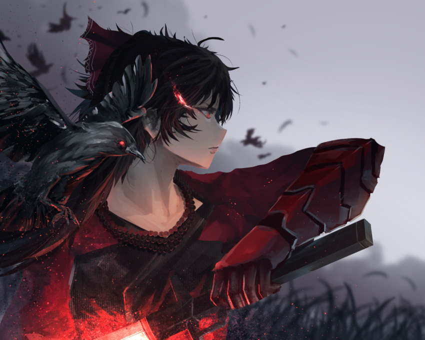 ahoge anonamos bead_necklace beads black_hair expressionless glowing highres jewelry katana long_hair necklace raven_branwen red_eyes rwby sheath solo spiky_hair sword thigh-highs unsheathing weapon zettai_ryouiki