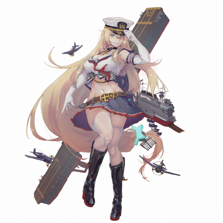 1girl aircraft airplane black_footwear blonde_hair blue_eyes blue_skirt boots breasts elbow_gloves enterprise_(warship_girls_r) flight_deck full_body gloves hair_ornament hat highres large_breasts long_hair low-tied_long_hair midriff miniskirt navel peaked_cap pleated_skirt simple_background skirt sleeveless solo standing star_(symbol) star_hair_ornament thigh-highs very_long_hair warship_girls_r whibiki white_background white_gloves white_headwear white_legwear