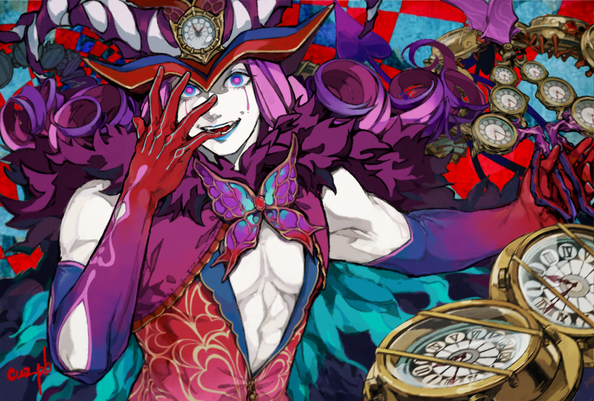 1boy abs armpits aves_plumbum9 blue_background blue_eyes blue_lipstick butterfly_ornament cape center_opening checkered checkered_background chest clock clown commentary_request crazy_eyes crazy_smile curly_hair eyelashes fangs fate/grand_order fate_(series) fur-trimmed_cape fur_collar fur_trim gloves hand_on_own_face hat headpiece highres holding holding_weapon horns lipstick makeup male_focus medium_hair mephistopheles_(fate/grand_order) multicolored multicolored_eyes muscle painttool_sai_(medium) pectorals purple_hair red_background scissors solo teardrop teeth thick_eyebrows tick_tock_bomb twitter_username unzipped violet_eyes weapon white_skin