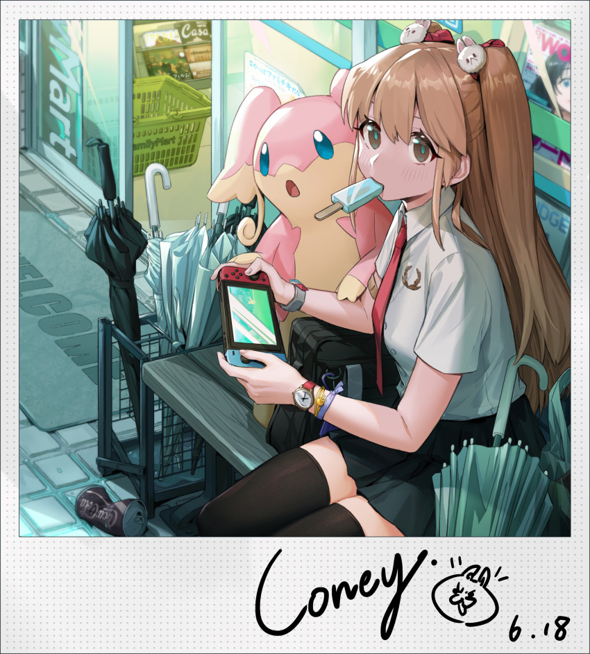 1girl absurdres audino bangs bench black_legwear black_skirt brown_hair buttons coca-cola collared_shirt commentary_request coney food gen_5_pokemon hair_ornament highres holding long_hair mouth_hold necktie nintendo_switch outdoors pokemon pokemon_(creature) popsicle red_neckwear shiny shiny_hair shirt sitting skirt thigh-highs tin_can umbrella watch watch welcome_mat white_shirt