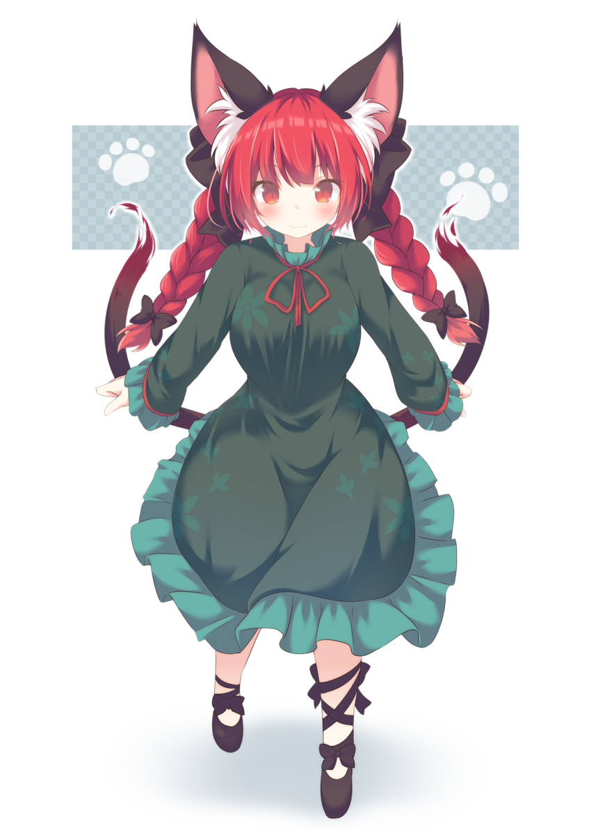 1girl :3 animal_ear_fluff animal_ears bangs black_bow black_footwear blush bow braid breasts cat_ears cat_girl cat_tail checkered checkered_background closed_mouth commentary_request daidai_ookami dress eyebrows_behind_hair frilled_dress frills full_body green_dress hair_bow highres kaenbyou_rin long_hair long_sleeves looking_at_viewer medium_breasts multiple_tails neck_ribbon nekomata red_eyes red_ribbon redhead ribbon shadow shoes sleeves_past_wrists solo tail touhou twin_braids twintails two_tails white_background