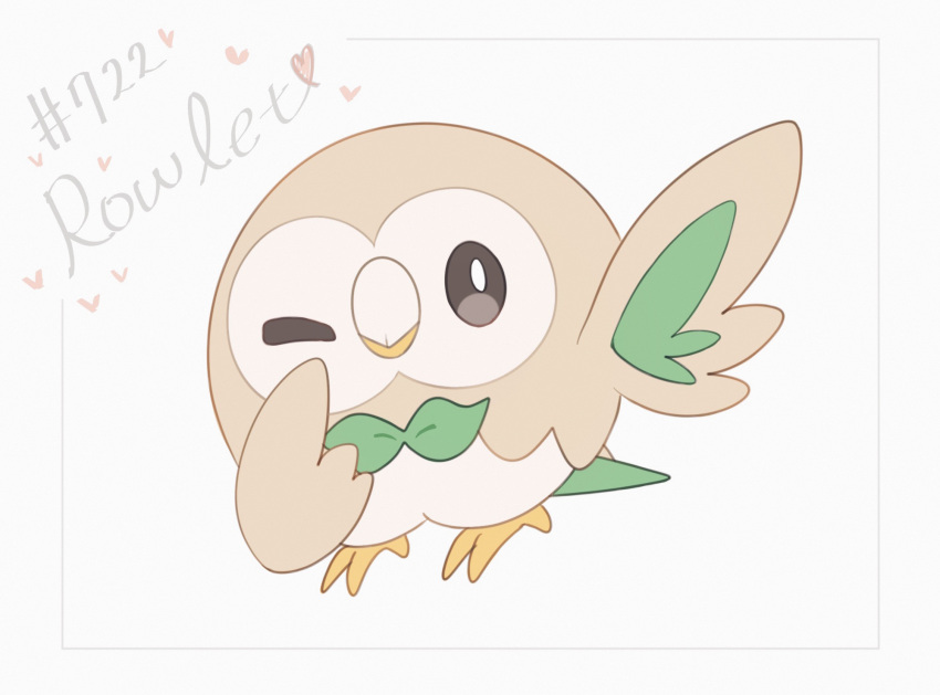 animal_focus bird black_eyes border bright_pupils commentary_request english_text flat_color full_body grey_background grey_border heart highres looking_to_the_side no_humans one_eye_closed pokedex_number pokemon pokemon_(creature) rowlet simple_background sketch solo standing white_pupils ynmr_ll