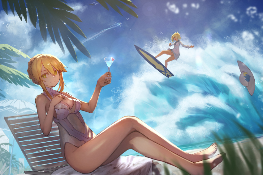 2girls aito artoria_pendragon_(all) artoria_pendragon_(lancer) barefoot beach bikini blonde_hair breasts cocktail_glass couch cup drinking_glass fate/grand_order fate_(series) feet hair_between_eyes hair_ornament hair_scrunchie hat highres large_breasts mordred_(fate)_(all) mordred_(swimsuit_rider)_(fate) multiple_girls ocean orange_hair scrunchie surfboard surfing swimsuit towel white_bikini yellow_eyes