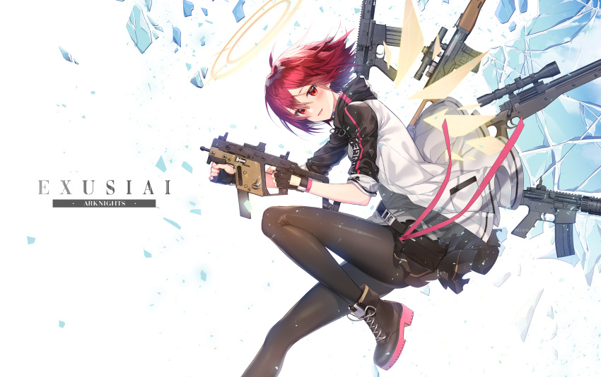 1girl arknights bangs black_footwear black_gloves black_legwear blue_sky character_name clouds commentary copyright_name day exusiai_(arknights) fingerless_gloves foot_out_of_frame from_side gloves gun halo highres holding holding_gun holding_weapon jacket kriss_vector looking_at_viewer milcona outdoors pantyhose parted_lips raglan_sleeves red_eyes redhead rifle shoes short_hair short_sleeves sky smile solo submachine_gun thighs weapon white_jacket