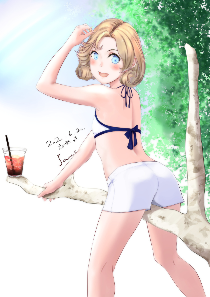 1girl absurdres artist_name bikini bikini_top blonde_hair blue_eyes branch bubble_tea character_name clip_studio_paint_(medium) cup dated disposable_cup flat_chest highres janus_(kantai_collection) kantai_collection looking_at_viewer short_hair shorts solo swimsuit tree tumbler velchi white_bikini white_shorts