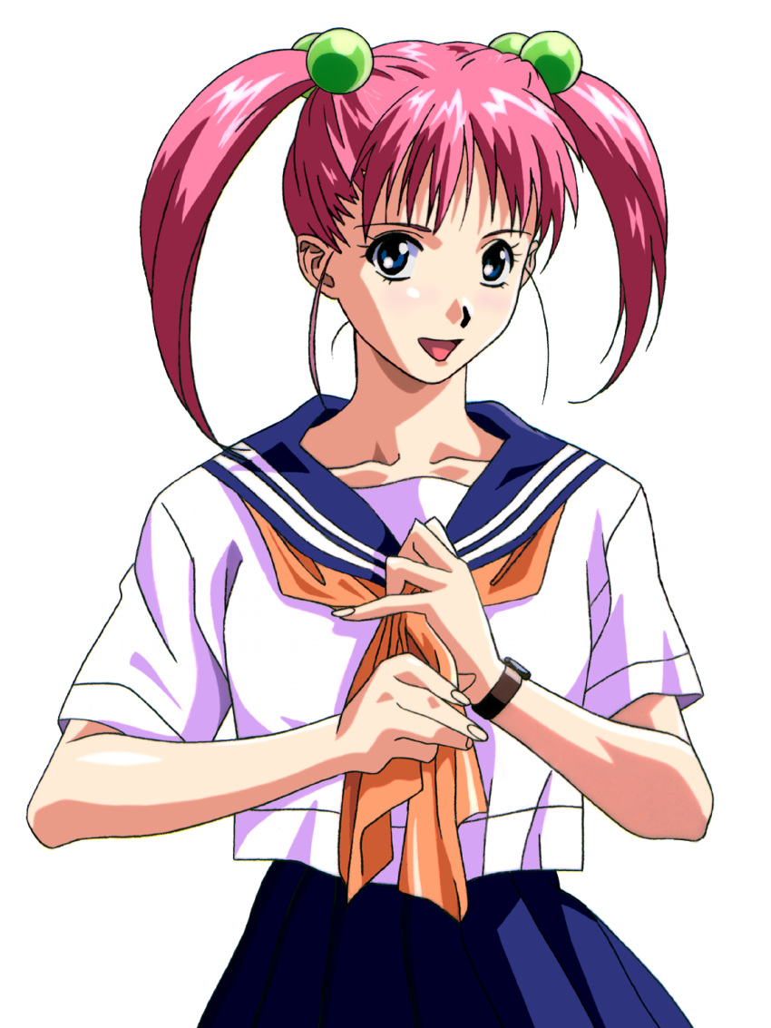 1990s_(style) 1girl barrette blue_eyes blue_skirt dress hibino_seina highres looking_at_viewer necktie orange_neckwear pink_hair sailor_collar sailor_dress school_uniform shirt skirt twintails watch white_shirt yamada_masaki zenkoku_seifuku_bishoujo_grand_prix