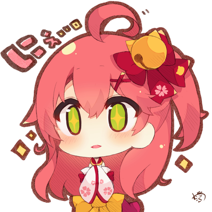 +_+ 1girl ahoge bangs bell blush bow cherry_blossom_print chibi eyebrows_visible_through_hair floral_print green_eyes hair_bell hair_between_eyes hair_bow hair_ornament highres hololive japanese_clothes jingle_bell kimono long_hair long_sleeves muuran one_side_up parted_lips print_kimono red_bow redhead sakura_miko signature simple_background sleeves_past_fingers sleeves_past_wrists solo sparkle translation_request very_long_hair virtual_youtuber white_background white_kimono wide_sleeves yellow_bow