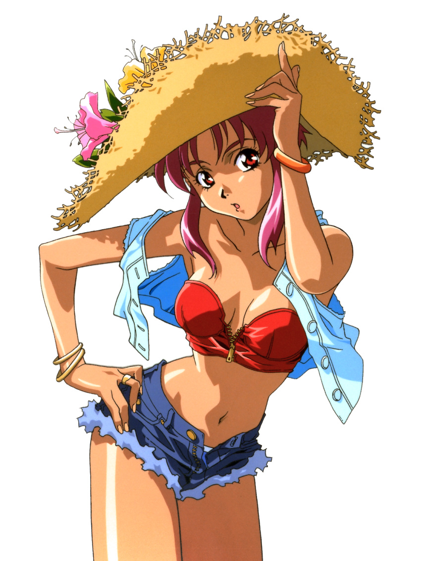 1990s_(style) 1girl arm_up bracelet contrapposto cutoffs flower hair_flower hair_ornament halter_top halterneck hand_on_hip hat highres jewelry long_sideburns looking_at_viewer panties_under_shorts pink_hair pose red_eyes sawada_minako shaded_face spread_legs straw_hat tan vest white_background yamada_masaki zenkoku_seifuku_bishoujo_grand_prix zipper