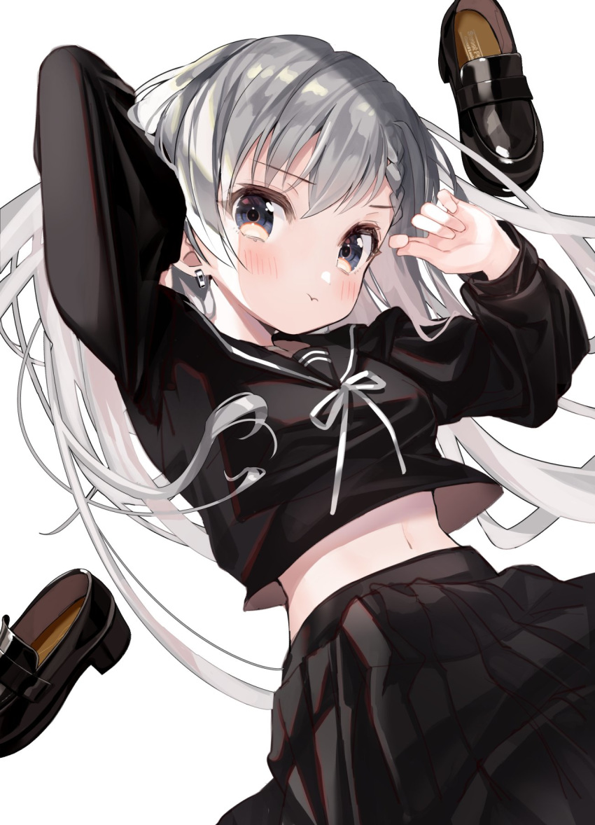 1girl bangs black_footwear black_serafuku black_shirt black_skirt braid commentary_request earrings eyebrows_visible_through_hair grey_background grey_eyes grey_hair hair_between_eyes highres hisakawa_hayate idolmaster idolmaster_cinderella_girls idolmaster_cinderella_girls_starlight_stage jewelry kanda_done long_hair long_sleeves looking_at_viewer messy_hair midriff navel pleated_skirt ribbon school_uniform serafuku shirt shoes shoes_removed silver_hair simple_background skirt solo white_background white_ribbon