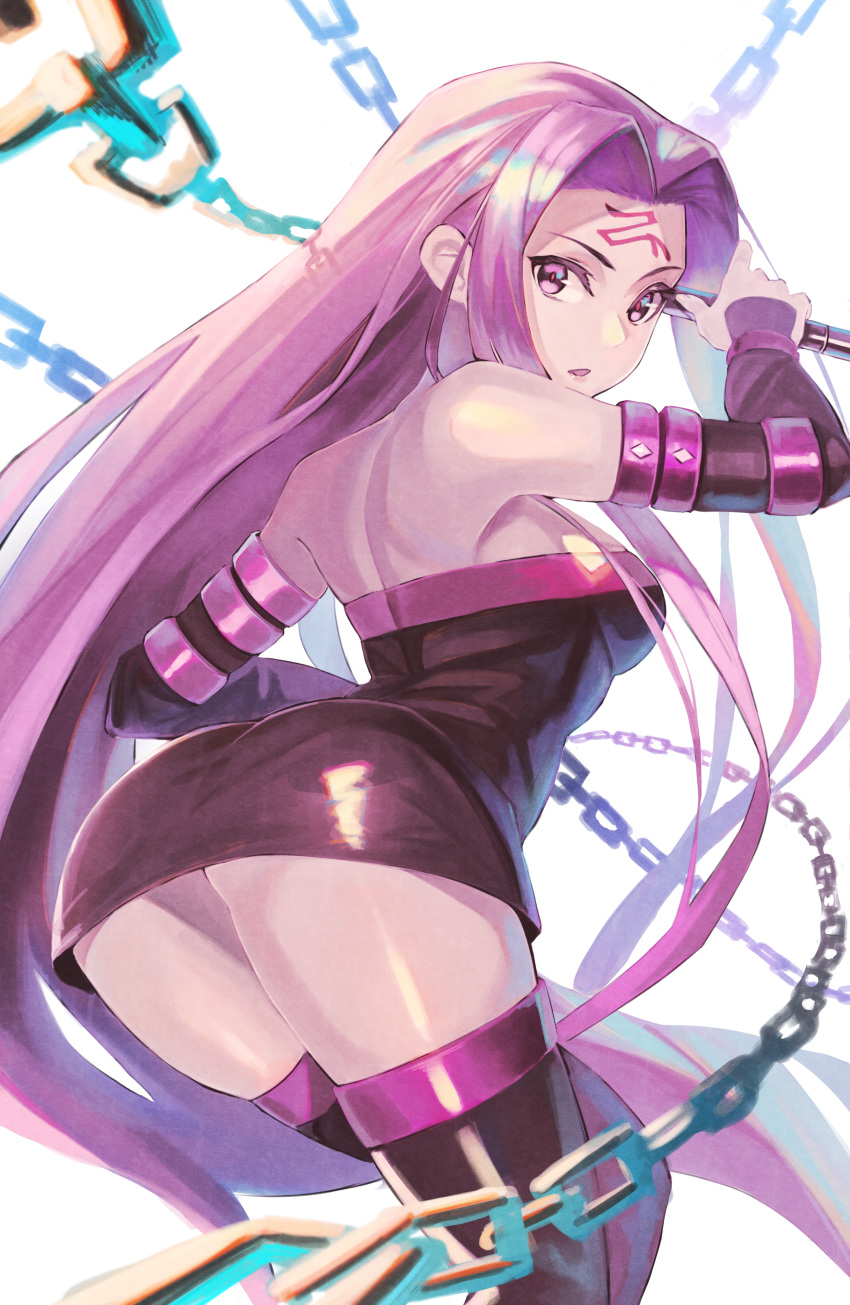 1girl absurdres arched_back ass back bangs bare_shoulders black_dress black_footwear boots breasts chain detached_sleeves dress facial_mark fate/stay_night fate_(series) forehead forehead_mark highres huge_filesize long_hair looking_at_viewer looking_back nameless_dagger parted_bangs parted_lips purple_hair rider short_dress thigh-highs thigh_boots thighs very_long_hair violet_eyes white_background you-6-11