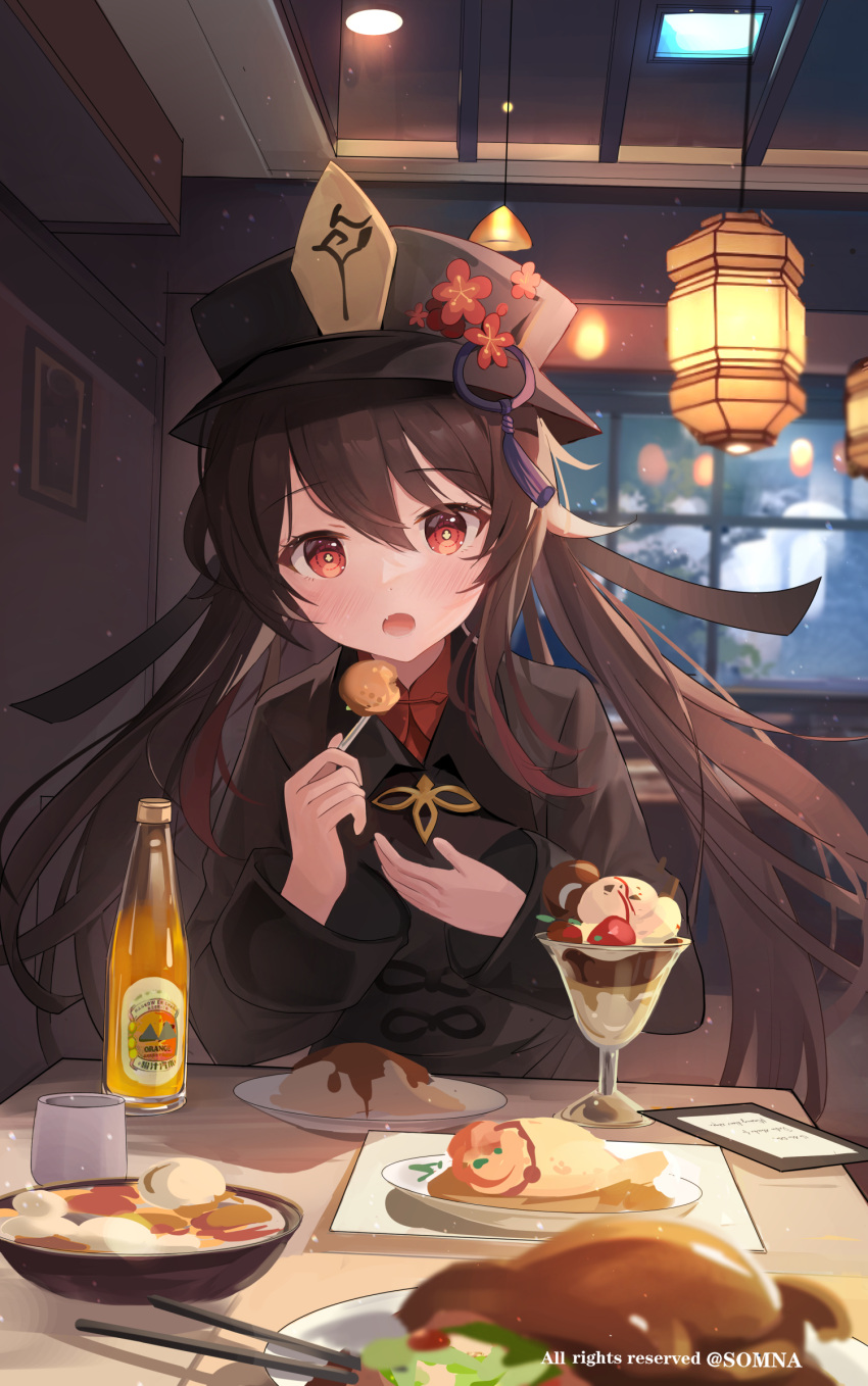 1girl artist_name blush bottle brown_hair brown_headwear chopsticks commentary_request copyright copyright_name dessert duplicate fang flower flower-shaped_pupils food genshin_impact hat hat_flower highres hu_tao_(genshin_impact) indoors long_hair long_sleeves looking_at_viewer open_mouth plate plum_blossoms porkpie_hat red_eyes restaurant revision solo somna symbol-shaped_pupils table tassel watermark