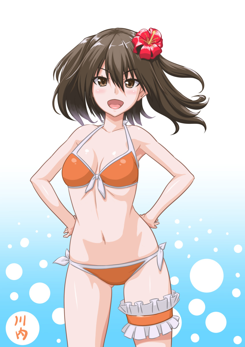 1girl bikini blue_background breasts brown_eyes brown_hair commentary_request cowboy_shot flower front-tie_top gradient gradient_background hair_flower hair_ornament hands_on_hips hibiscus highres kantai_collection leg_garter looking_at_viewer orange_bikini sendai_(kantai_collection) short_hair side-tie_bikini small_breasts solo standing swimsuit t2r twintails two_side_up white_background