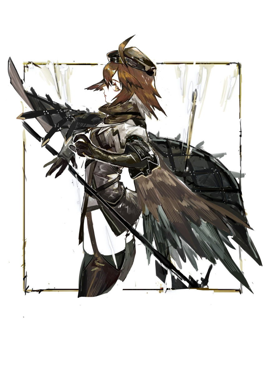 1girl ahoge arknights beret bird_wings black_cloak black_gloves black_headwear black_legwear border breasts brown_hair chinese_commentary cloak closed_mouth commentary cowboy_shot feather_hair feathers from_side garter_straps gloves hair_feathers halberd hat highres holding holding_weapon lips looking_at_viewer medium_breasts outside_border pipidan plume_(arknights) polearm profile short_hair simple_background solo thigh-highs thighs traditional_media weapon white_background wings yellow_eyes