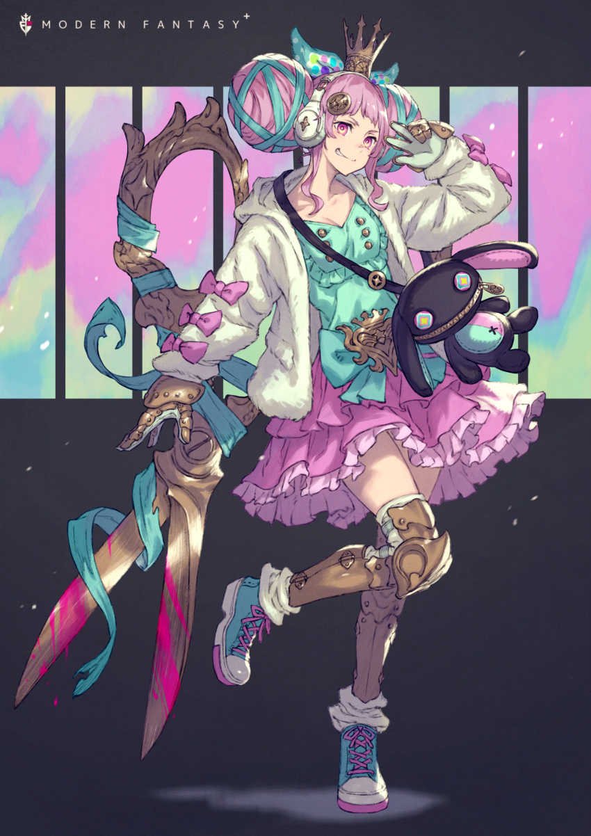 1girl armor bow crown double_bun dripping english_text frills fur_jacket gauntlets greaves hair_bun headphones highres jacket kusano_shinta long_hair original parted_lips photoshop_(medium) pink_bow pink_eyes pink_hair pose scissors shoes smile sneakers socks solo stuffed_toy w weapon weapon_on_back white_jacket zipper zipper_pull_tab