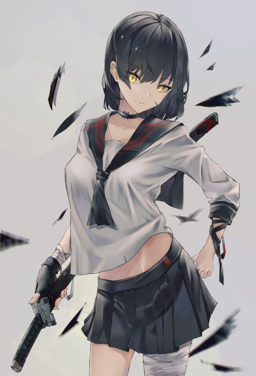 1girl bandaged_leg bandages black_gloves black_hair black_skirt breasts closed_mouth commentary cowboy_shot crop_top crop_top_overhang expressionless eyebrows_visible_through_hair facial_scar fingerless_gloves gloves grey_background hair_between_eyes highres holding holding_sword holding_weapon katana looking_at_viewer medium_breasts midriff miniskirt original pleated_skirt ritta_(abmnoworld) sailor_collar scabbard scar scar_on_cheek school_uniform serafuku sheath sheathed shirt short_hair simple_background skirt solo sword uniform weapon white_shirt yellow_eyes
