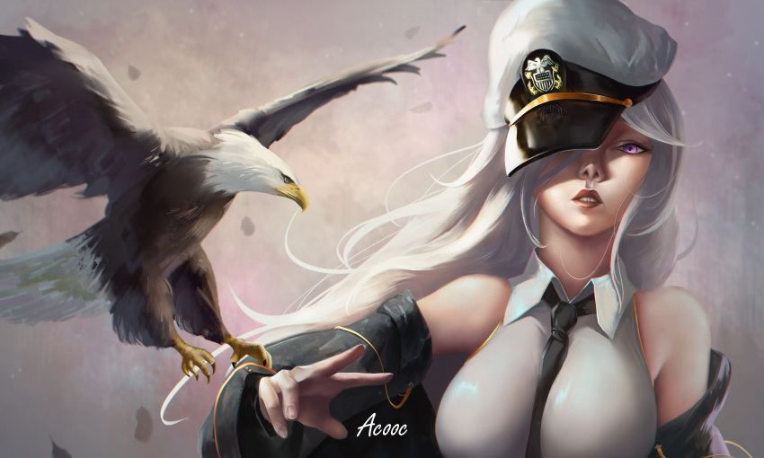 1girl absurdres acooc azur_lane bald_eagle bare_shoulders bird black_jacket black_neckwear breasts commentary_request eagle enterprise_(azur_lane) hat hat_over_one_eye highres jacket large_breasts lipstick long_hair looking_at_viewer makeup military_hat necktie peaked_cap red_lipstick shirt silver_hair sleeveless sleeveless_shirt solo upper_body violet_eyes white_headwear white_shirt