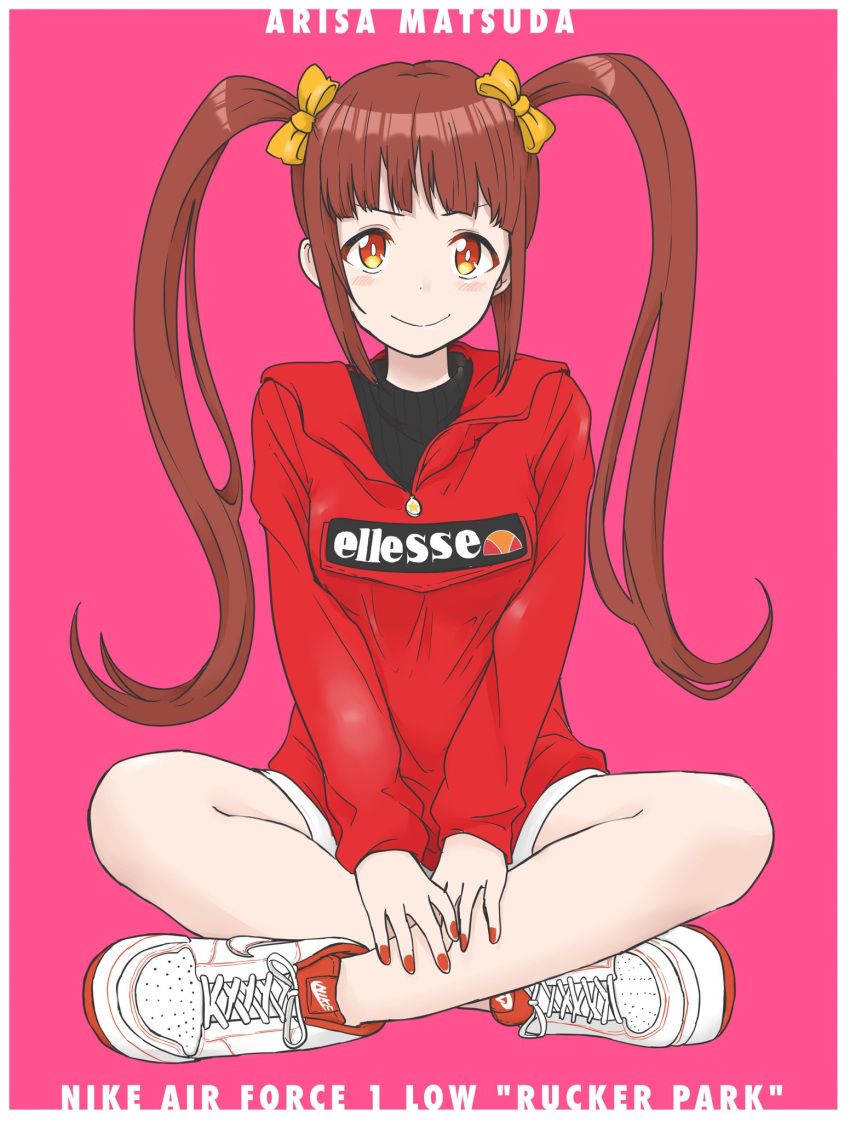 1girl bangs bow brown_eyes brown_hair character_name closed_mouth commentary cross-laced_footwear ellesse english_text full_body hair_bow high_tops highres idolmaster idolmaster_million_live! idolmaster_million_live!_theater_days indian_style jacket logo long_hair long_sleeves looking_at_viewer matsuda_arisa nail_polish nike orange_bow pink_background red_jacket red_nails romaji_text short_shorts shorts sitting smile solo twintails white_footwear white_shorts zipper zono_(inokura_syuzo029)