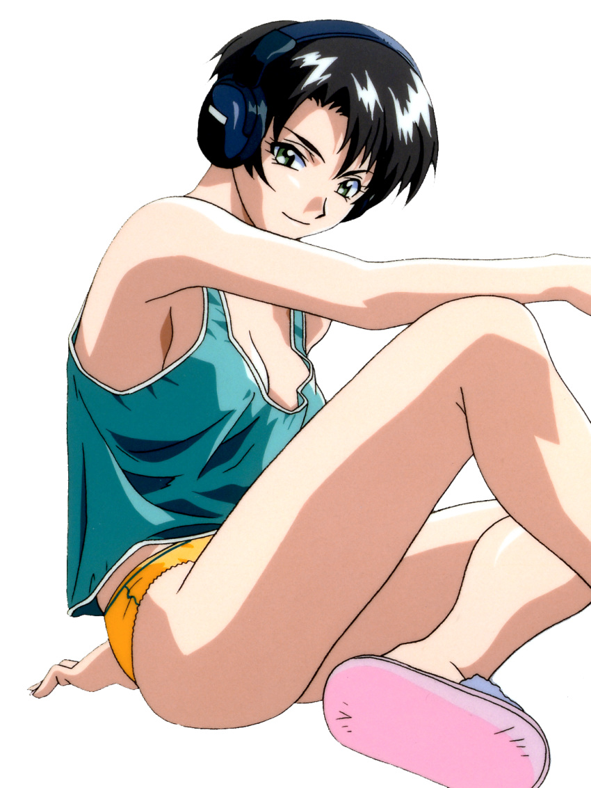 1990s_(style) 1girl black_hair earphones fujiki_sayuri grey_eyes highres panties sitting slippers smile tank_top underwear white_background yamada_masaki zenkoku_seifuku_bishoujo_grand_prix