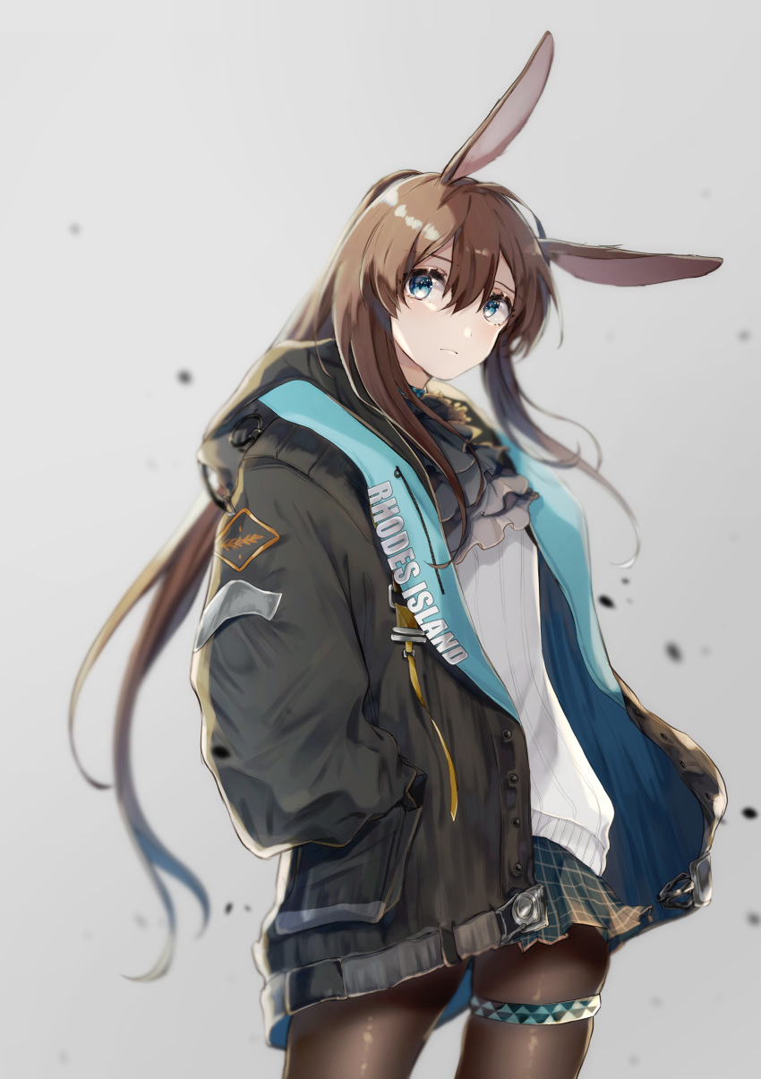 1girl absurdres amiya_(arknights) animal_ears arknights black_jacket black_legwear black_neckwear blue_eyes blue_skirt brown_hair closed_mouth clothes_writing commentary cowboy_shot cravat grey_background hair_between_eyes hand_in_pocket highres hood hooded_jacket i_krh jacket jewelry long_hair looking_at_viewer miniskirt neck_ring open_clothes open_jacket pantyhose plaid plaid_skirt ponytail rabbit_ears ribbed_sweater simple_background skirt solo sweater thighlet white_sweater