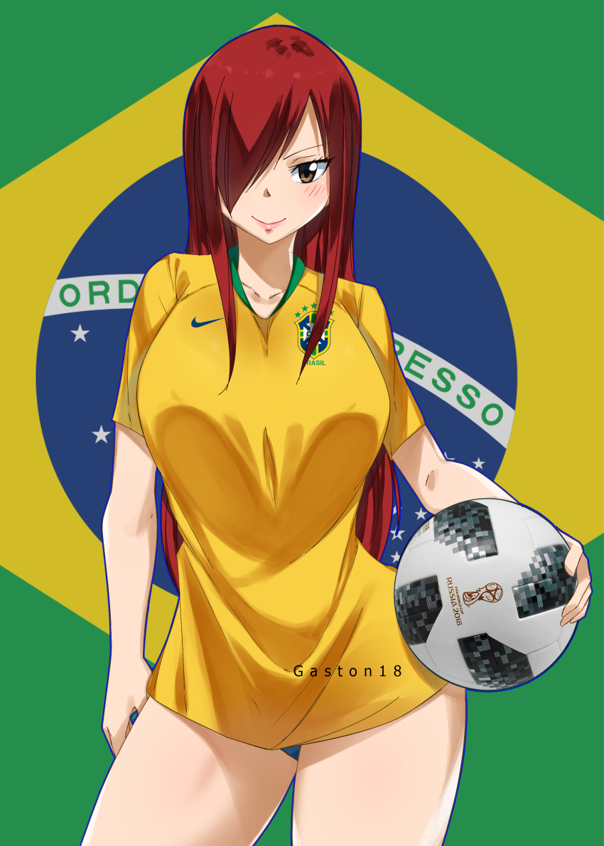1girl absurdres ball blush breasts brown_eyes cowboy_shot erza_scarlet fairy_tail gaston18 hair_over_one_eye highres holding holding_ball large_breasts long_hair looking_at_viewer redhead shirt short_sleeves smile soccer_ball soccer_uniform solo sportswear standing