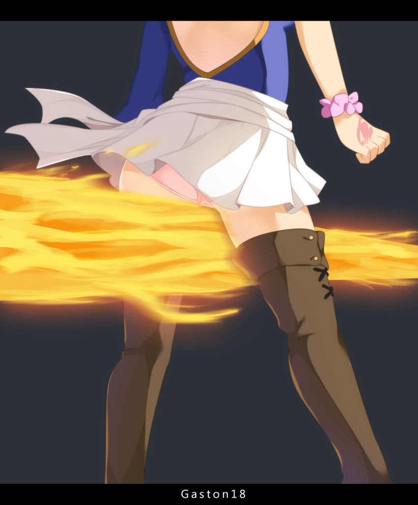 1girl artist_name ass asymmetrical_sleeves backless_outfit boots breasts brown_footwear fairy_tail fire gaston18 grey_background hand_tattoo highres lucy_heartfilia miniskirt panties pink_panties simple_background skirt solo thigh-highs thigh_boots underwear water white_skirt