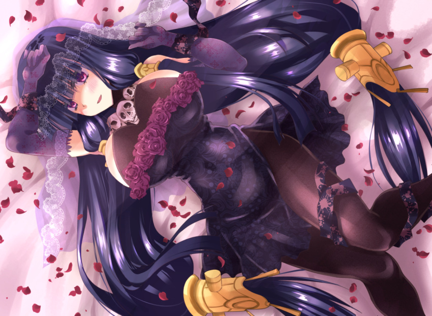 1girl agnes_(sennen_sensou_aigis) arm_on_head black_dress black_hair black_legwear breasts china_dress chinese_clothes clip_studio_paint_(medium) commentary_request dress elbow_gloves eyebrows_visible_through_hair gloves hair_between_eyes hair_ornament knees_together_feet_apart large_breasts long_hair looking_at_viewer lying on_back painttool_sai_(medium) pantyhose petals photoshop_(medium) purple_gloves sennen_sensou_aigis skull_necklace solo toshihiro veil very_long_hair violet_eyes