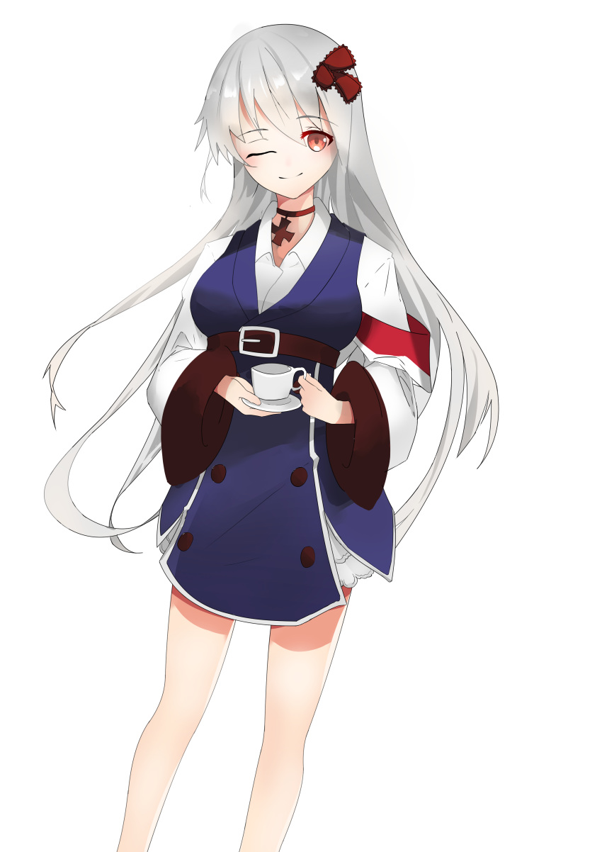 1girl absurdres ahrara bare_legs breasts clip_studio_paint_(medium) cross cross_necklace cup girls_frontline hair_ribbon highres jewelry kar98k_(girls_frontline) long_hair looking_at_viewer military military_uniform necklace one_eye_closed red_eyes ribbon shirt silver_hair smile solo teacup uniform white_background white_hair white_shirt