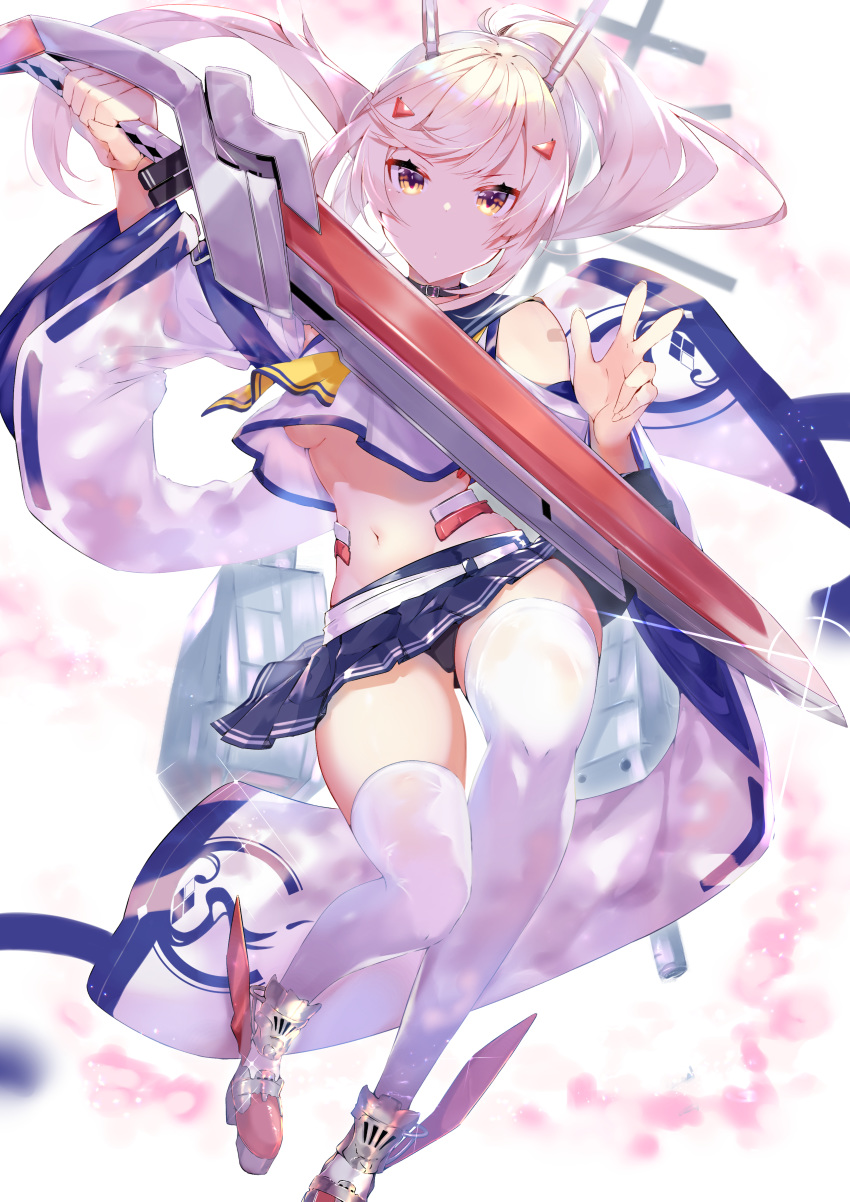 1girl absurdres ayanami_(azur_lane) azur_lane bandaid_on_arm bangs bare_shoulders belt black_panties blue_sailor_collar blue_skirt breasts closed_mouth commentary_request crop_top crop_top_overhang dated_commentary detached_sleeves full_body glint groin hair_ornament headgear high_ponytail highres holding holding_sword holding_weapon huge_filesize kikurage_tom. long_hair looking_at_viewer midriff miniskirt navel neckerchief orange_eyes panties pantyshot platinum_blonde_hair pleated_skirt ponytail retrofit_(azur_lane) rigging rudder_footwear sailor_collar school_uniform shirt sidelocks skindentation skirt small_breasts solo sword thigh-highs under_boob underwear weapon white_background white_belt white_legwear white_shirt white_sleeves wide_sleeves yellow_neckwear zettai_ryouiki