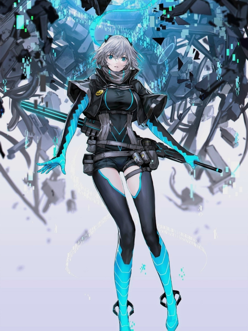 black_jacket blue_eyes blue_footwear highres icey icey_(game) jacket scarf short_shorts shorts smiley_face weapon white_hair