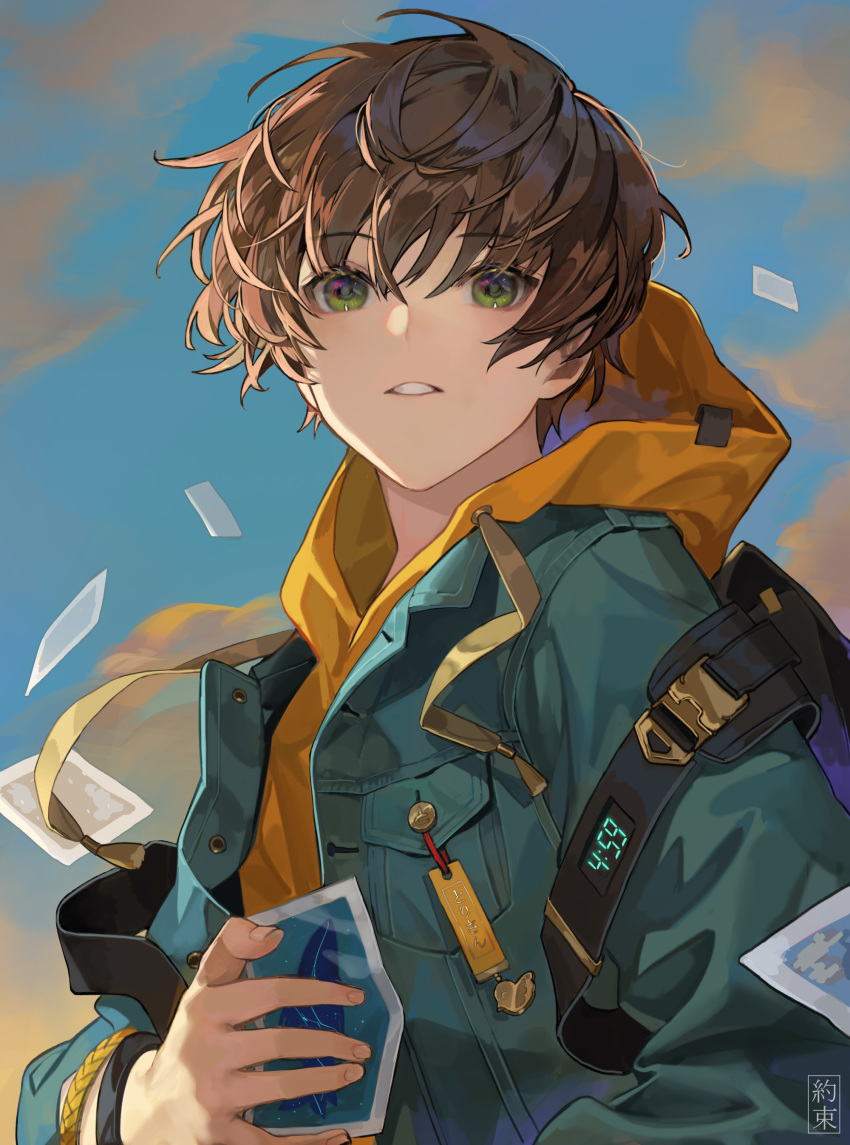 1boy absurdres backpack bag bangs blue_jacket bracelet brown_hair chyoel clock clouds digital_clock eyebrows_visible_through_hair green_eyes hair_between_eyes highres holding hood hoodie jacket jewelry male_focus original photo_(object) sky yellow_hoodie