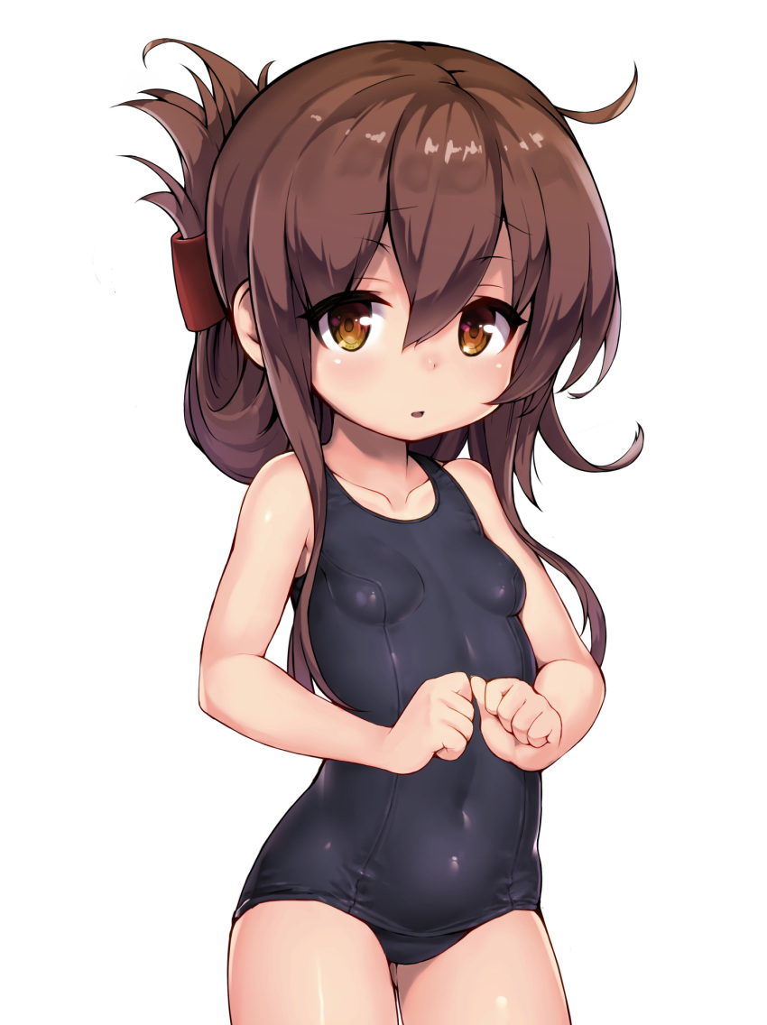 1girl alternate_costume ass_visible_through_thighs bangs bare_arms bare_shoulders blue_swimsuit blush breasts brown_eyes brown_hair collarbone commentary_request covered_navel cowboy_shot eyebrows_visible_through_hair folded_ponytail hair_between_eyes hair_ornament hairclip highres inazuma_(kantai_collection) kantai_collection long_hair looking_at_viewer one-piece_swimsuit parted_lips school_swimsuit siesta_(artist) simple_background small_breasts solo standing swimsuit white_background