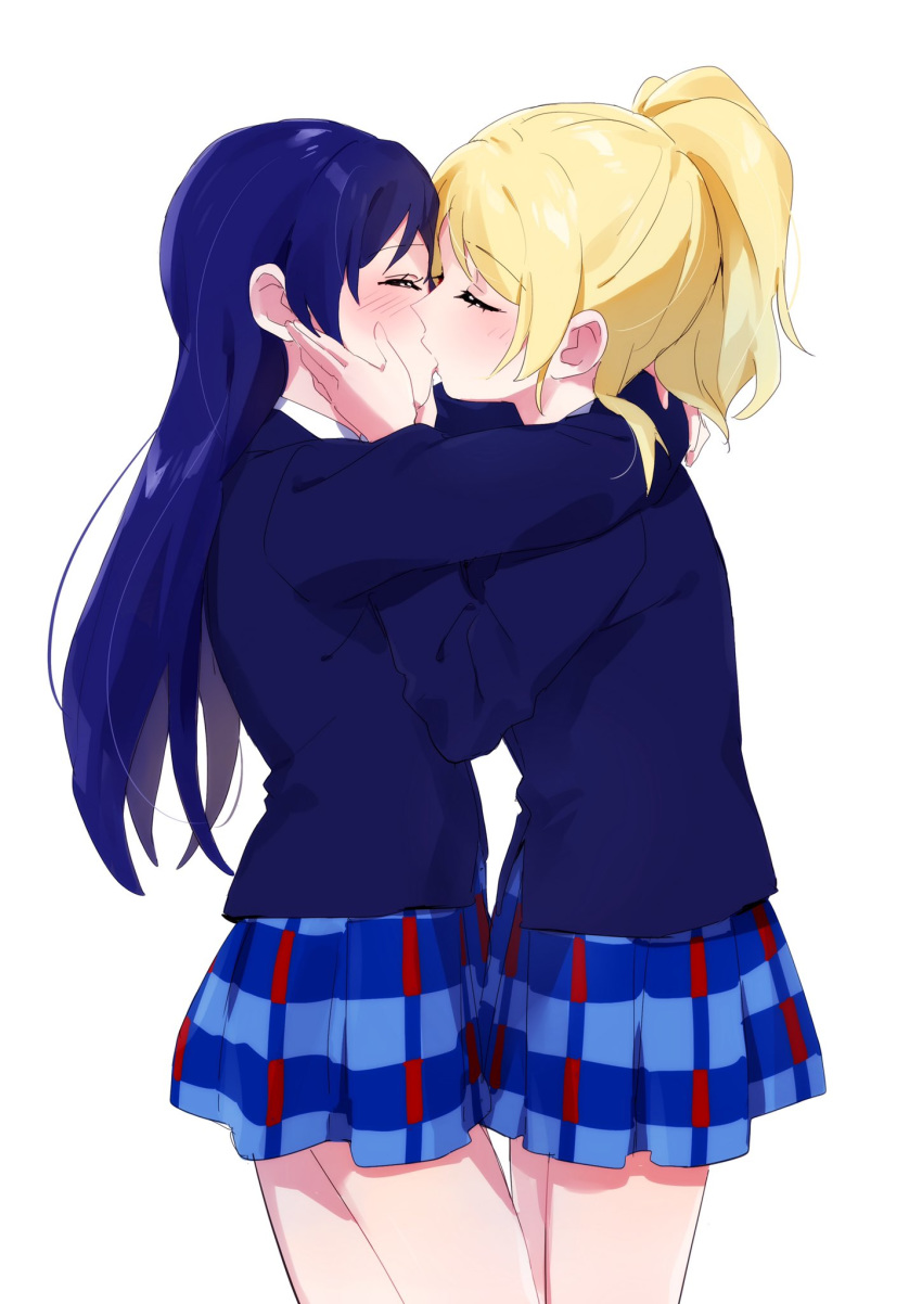 2girls ayase_eli blazer blonde_hair blue_hair blush closed_eyes commentary_request couple cowboy_shot eyebrows_visible_through_hair hands_on_another's_cheeks hands_on_another's_face highres hug jacket kiss long_hair long_sleeves love_live! love_live!_school_idol_project multiple_girls otonokizaka_school_uniform ponytail school_uniform simple_background sonoda_umi white_background yuri