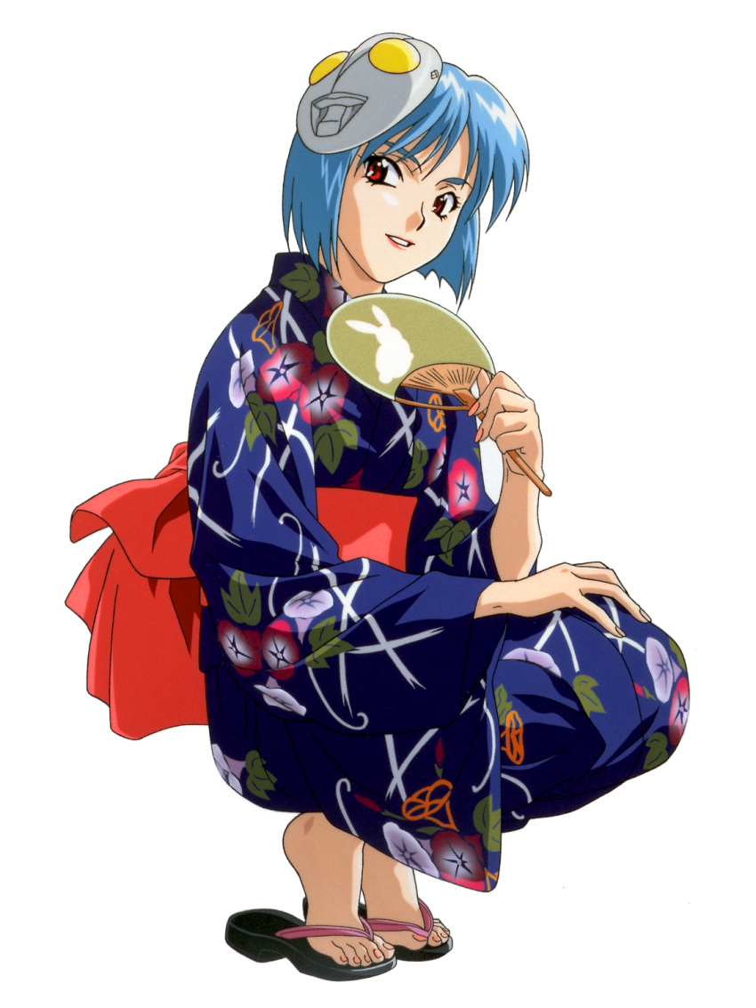 1990s_(style) 1girl barefoot barefoot_sandals belt blue_hair blue_kimono fan geta highres japanese_clothes kimono kneeling koizumi_hitomi lipstick makeup mask obi red_belt red_eyes sash ultra_series ultraman ultraman_(1st_series) yamada_masaki zenkoku_seifuku_bishoujo_grand_prix